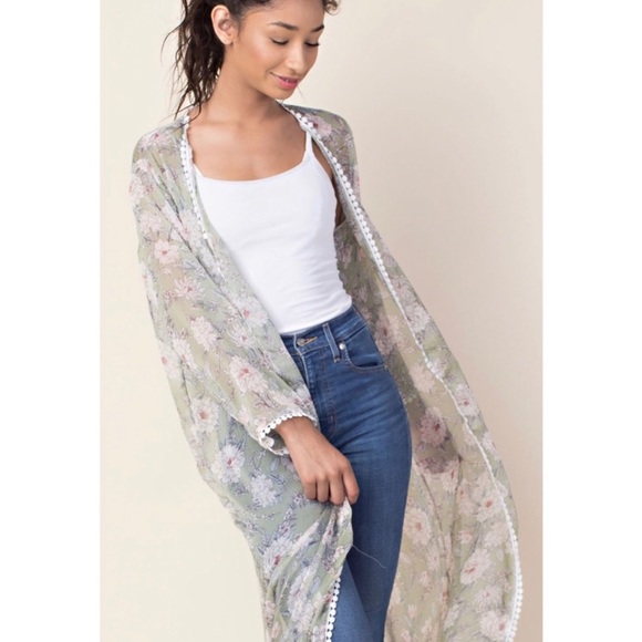 Sage boho longline floral print cardigan - Picture 3 of 6